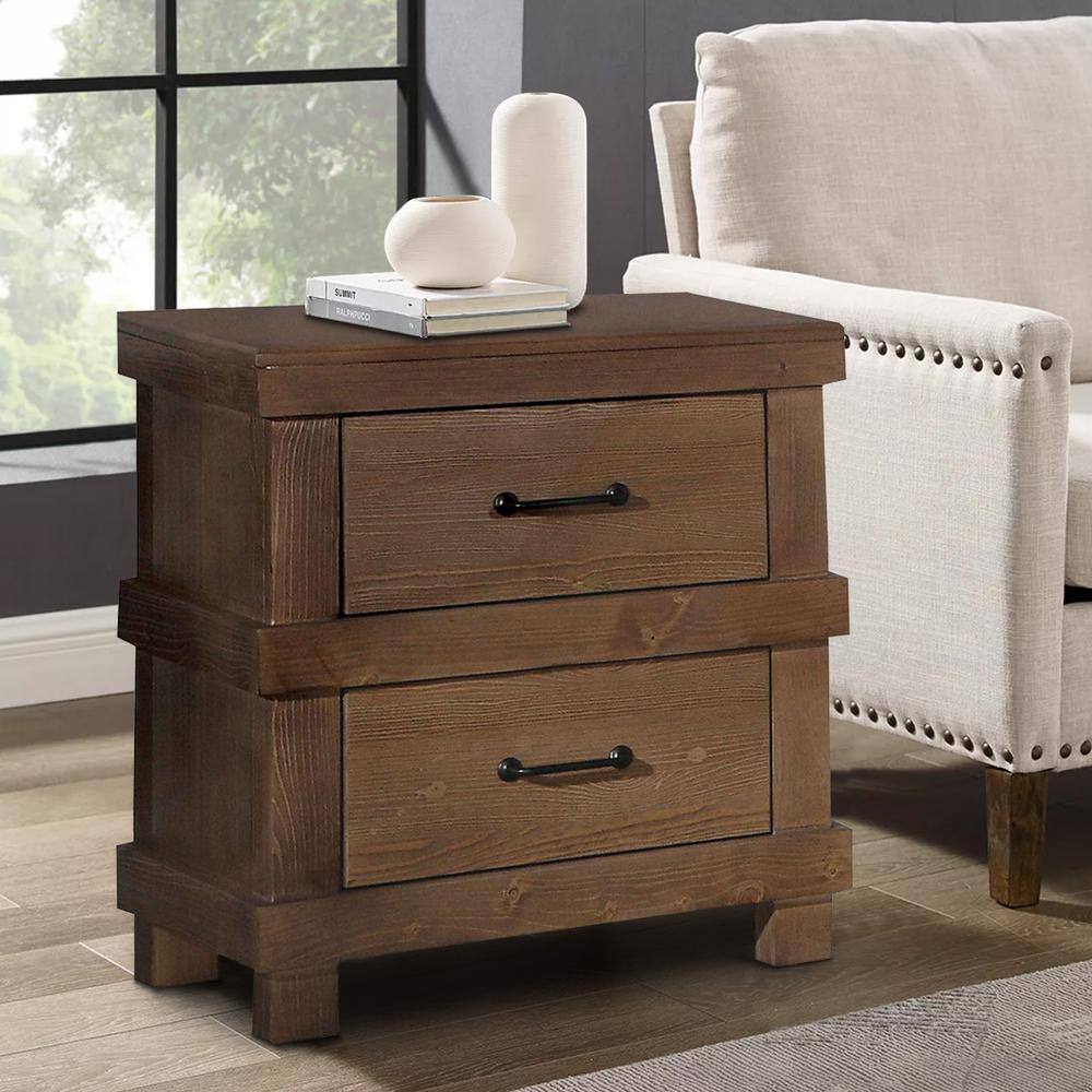 Antique Oak 2-Drawer Wooden Nightstand with Metal Handles