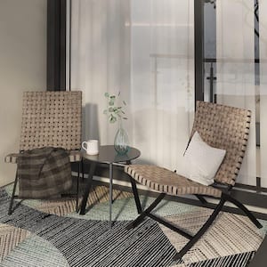 3pcs Rattan Patio Set Furniture Foldable Wicker Lounger Chairs w Coffee Table For Outdoor Lawn Garden BalconyTobacco