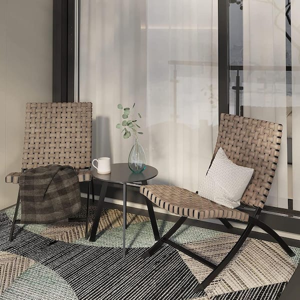 Yangming 3pcs Rattan Patio Set Furniture Foldable Wicker Lounger Chairs w Coffee Table For Outdoor Lawn Garden BalconyTobacco