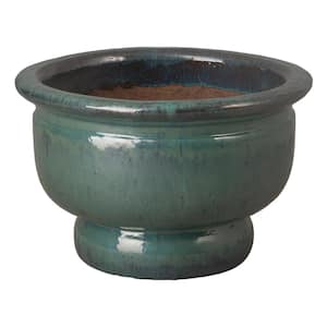 21 in. x 14.5 in. H Teal Ceramic Bowl Planter On Pedestal