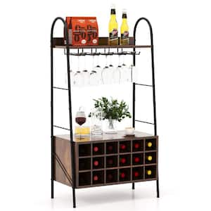 Brown Wood Freestanding Bottle Rack with Stemware Holder & Open Shelves