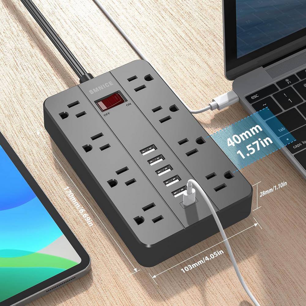 Black 8-Outlet Power Strip with USB Ports and 5 Ft Cord
