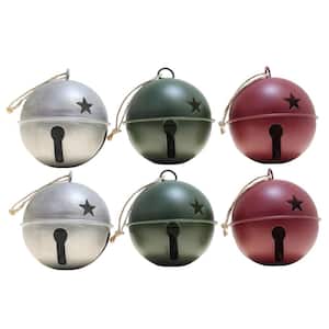 3.35 in. Green, Red and Silver Assortment Metal Jingle Bell Christmas Ornament (6-Pack)