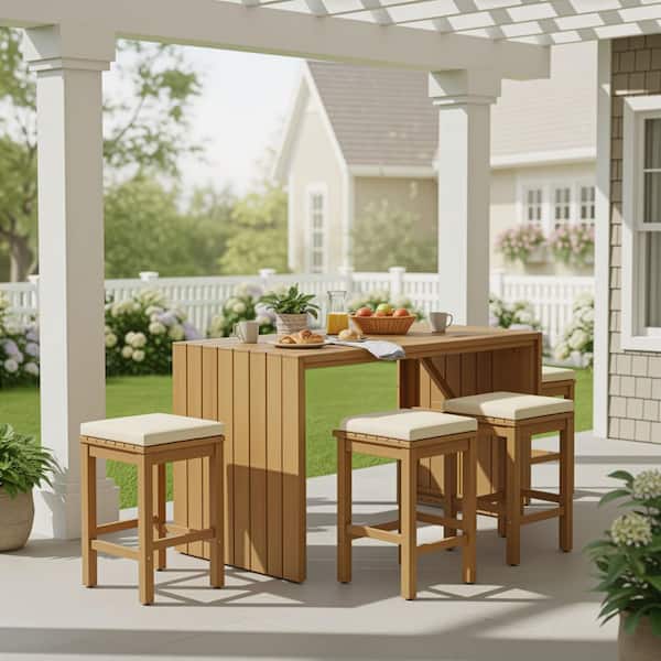 Harper & Bright Designs Beige 5-Piece Acacia Wood Rectangle Outdoor Serving Bar Set with Bar Height Table and Four Stools with Cushions