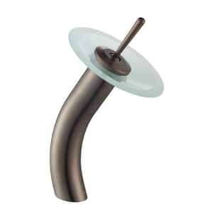 Single Hole Single-Handle Low-Arc Glass Waterfall Vessel Bathroom Faucet in Oil Rubbed Bronze with Frosted Glass Disk