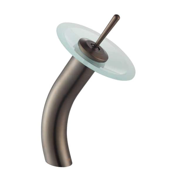 KRAUS Single Hole Single-Handle Low-Arc Glass Waterfall Vessel Bathroom Faucet in Oil Rubbed Bronze with Frosted Glass Disk