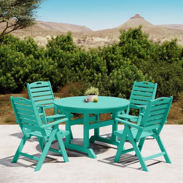 Laguna All Weather HDPE Plastic Outdoor 5-Piece Round Table Folding Highback Chairs Patio Dining Set, Turquoise