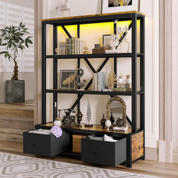 66.9 in. Tall Vintage Brown Metal 3-Tier-Shelf Modern Industrial Bookcase with Drawer and LED Bookshelf for Home Office