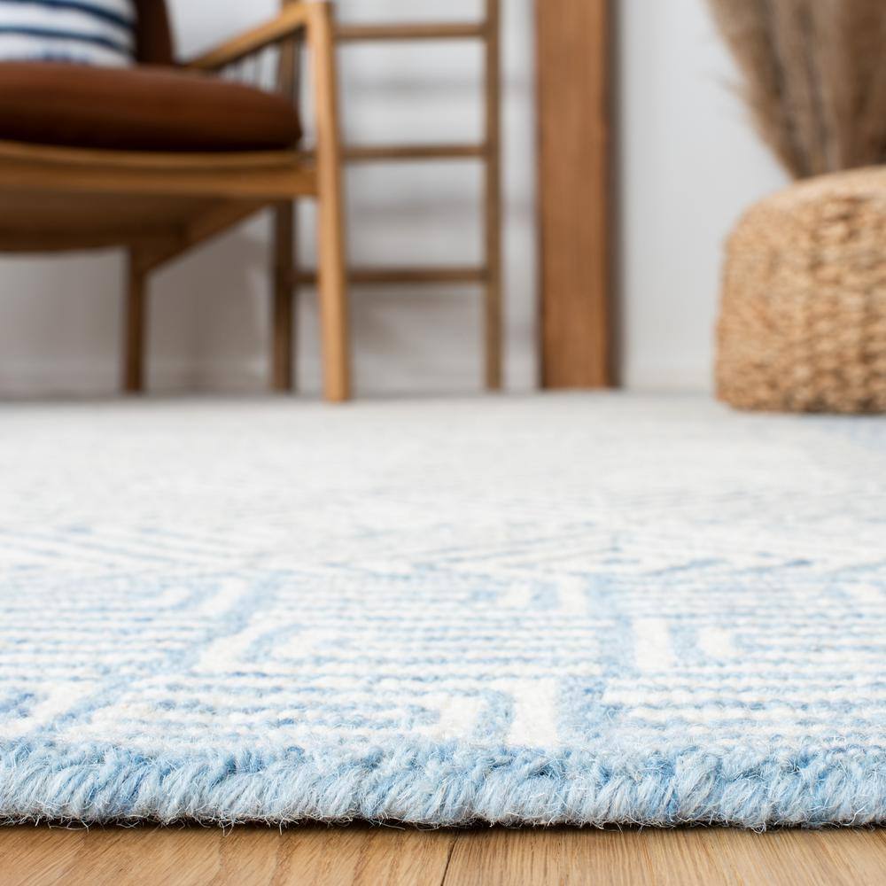 Light Blue and Ivory Hand-Tufted Wool Geometric 6' x 9' Area Rug