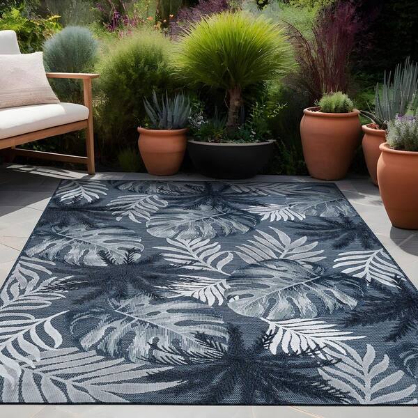 Jungle Navy 9 ft. x 12 ft. Washable Tropical Floral Indoor Outdoor