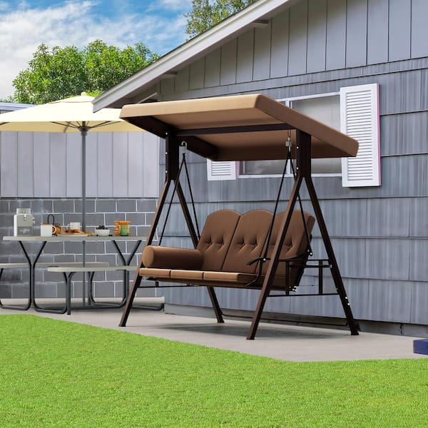 DEXTRUS 3-Seat Brown Deluxe Metal Outdoor Patio Swing Chair with Converting Canopy and Removable Cushions