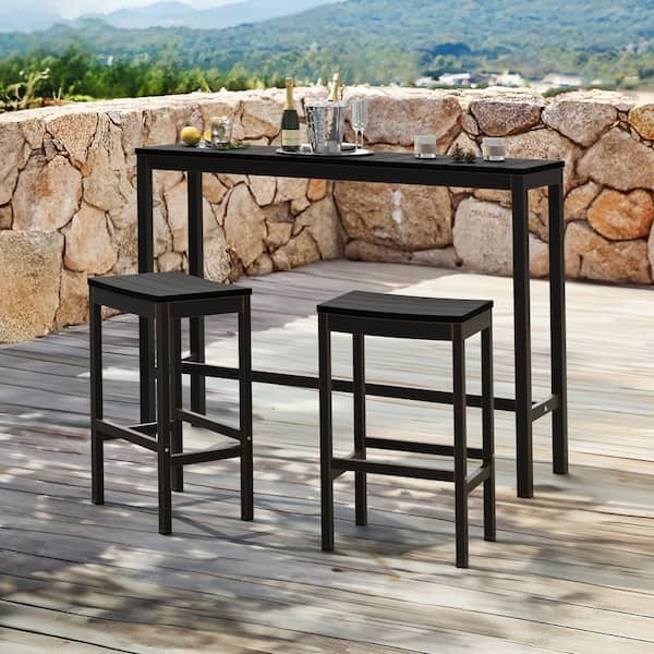 LUE BONA Humphrey 3 Piece 55 in. Black Alu Outdoor Patio Dining Set Pub Height Bar Table Plastic Top With Bar Stools For Balcony