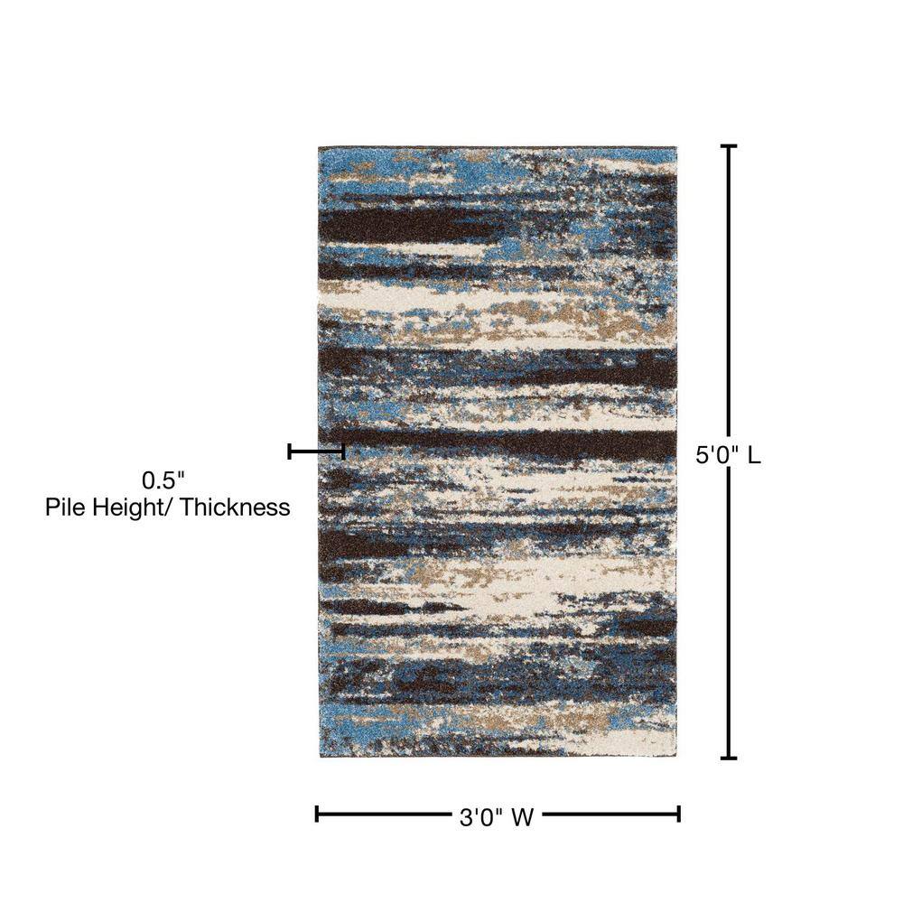 Cream & Blue Abstract Shag Synthetic Area Rug - 3' x 5'