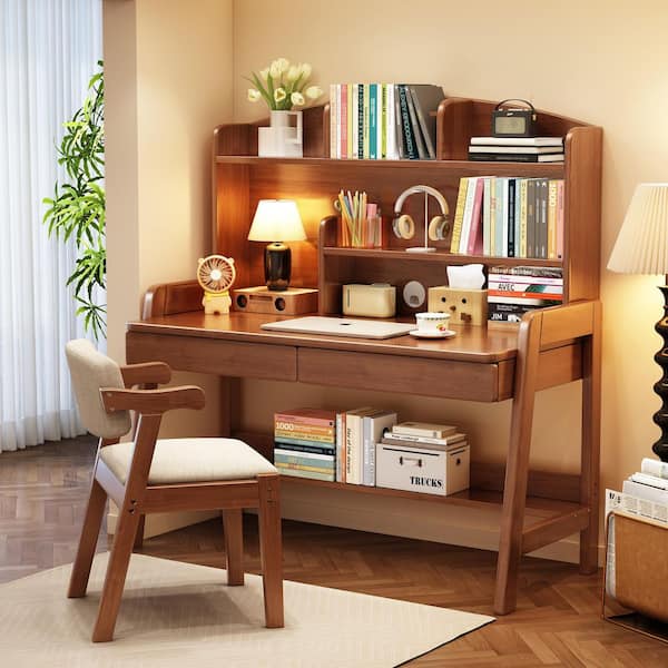 2-Piece Wood Top Brown Kids Study Desk and Chair Set for Kid with Drawers and Bookshelf