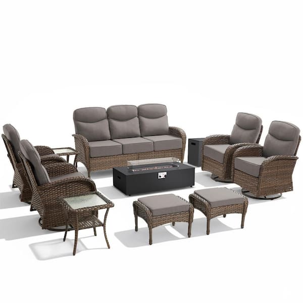 High Crescent 10-Piece Brown Wicker Patio Conversation Set with Gray Cushions and Split-Type Fire Pit Table
