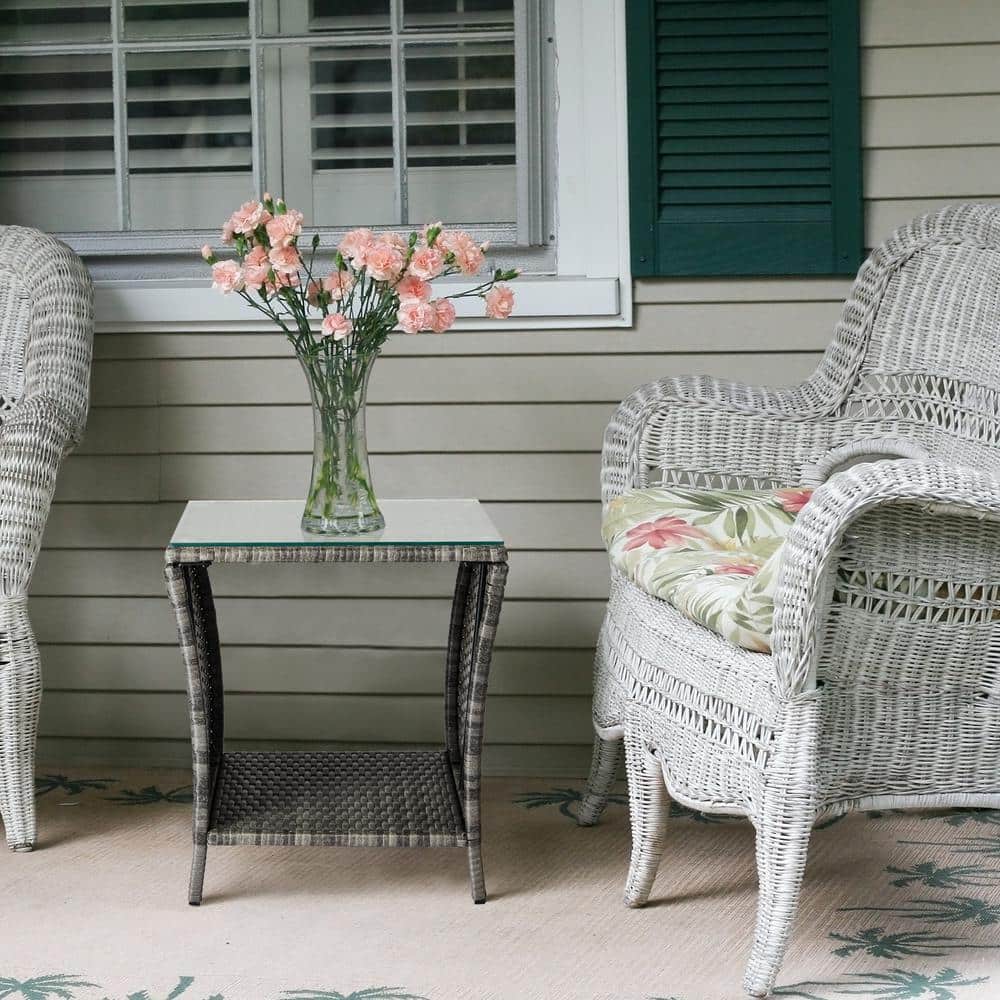 Gray and Black Iron Wicker Outdoor End Table