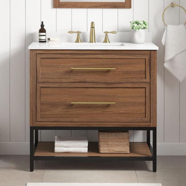 Home Decorators Collection Corley 36 in. Single Sink Spiced Walnut Bath Vanity with White Engineered Stone Top (Assembled)