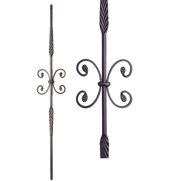 HOUSE OF FORGINGS Round 44 in. x 0.5625 in. Satin Black Double Feather Single Butterfly Solid Wrought Iron Baluster