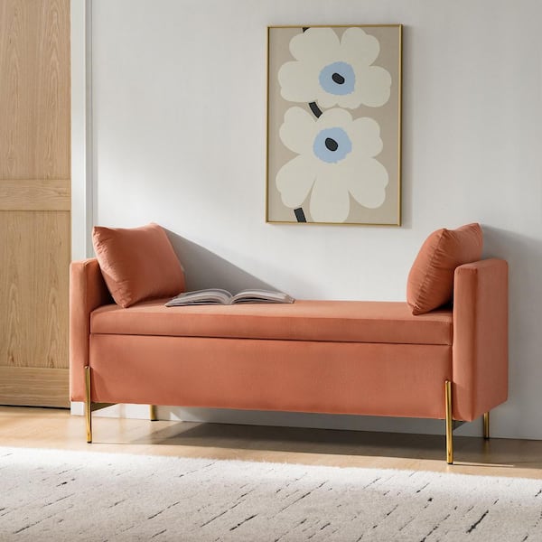 Claudius Modern 56 in. Coral Upholstered Flip Top Storage Bench with Arms and Adjustable Storage Space