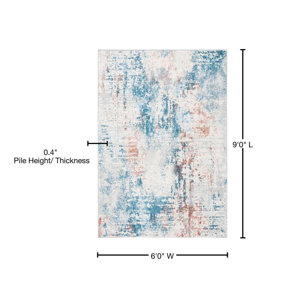 Ivory and Dark Blue Abstract 6' x 9' Washable Rug