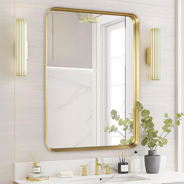 Gold 24 in W x 36 in. H Rectangle Metal  Framed Matte Framed Brushed Mirror