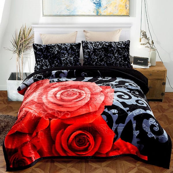 JML 3-Pieces Black Floral Sherpa Fleece Blanket Set 79 in. x 91 in. with 2-Pillow Sham 20 in. x 30 in.