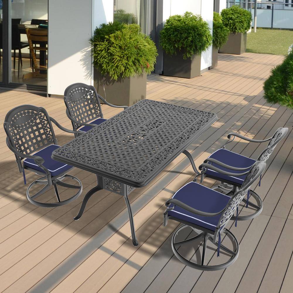 Vintage 5-Piece Cast Aluminum Patio Outdoor Dining Set with Rectangular Dining Table,4 Swivel Chairs and 4 Blue Cushions