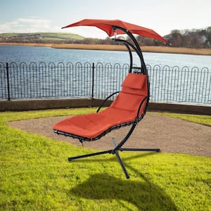 Built-in Pillow Metal Hanging Chaise Outdoor Lounge Chair with Removable Canopy and Orange Cushion