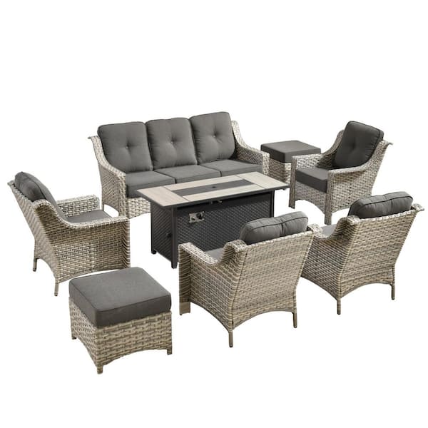 Eureka 8-Piece Wicker Outdoor Fire Pit Patio Conversation Sofa Chairs Set with Ottomans and Black Cushions