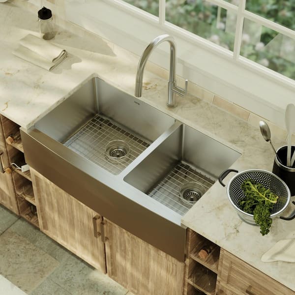 16-Gauge Stainless Steel 36 in. Undermount Double Bowl Farmhouse Apron Front Kitchen Sink with Grid and Basket Strainer