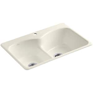 Langlade Smart Divide Drop-In Cast-Iron 33 in. 1-Hole Double Bowl Kitchen Sink in Biscuit