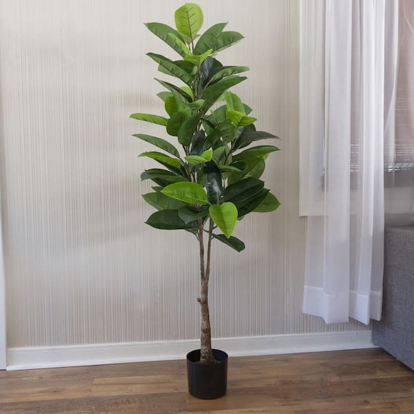 Pure Garden 51- Inch Green Artificial Rubber Tree with Natural Feel Leaves in Pot