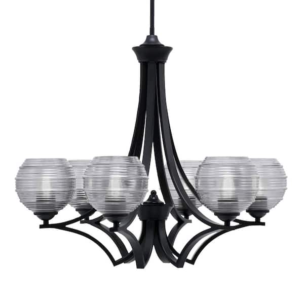 Unbranded Clevelend 6-Light Matte Black Round Chandelier with 6 in. Smoke Ribbed Glass Shades, No bulbs included