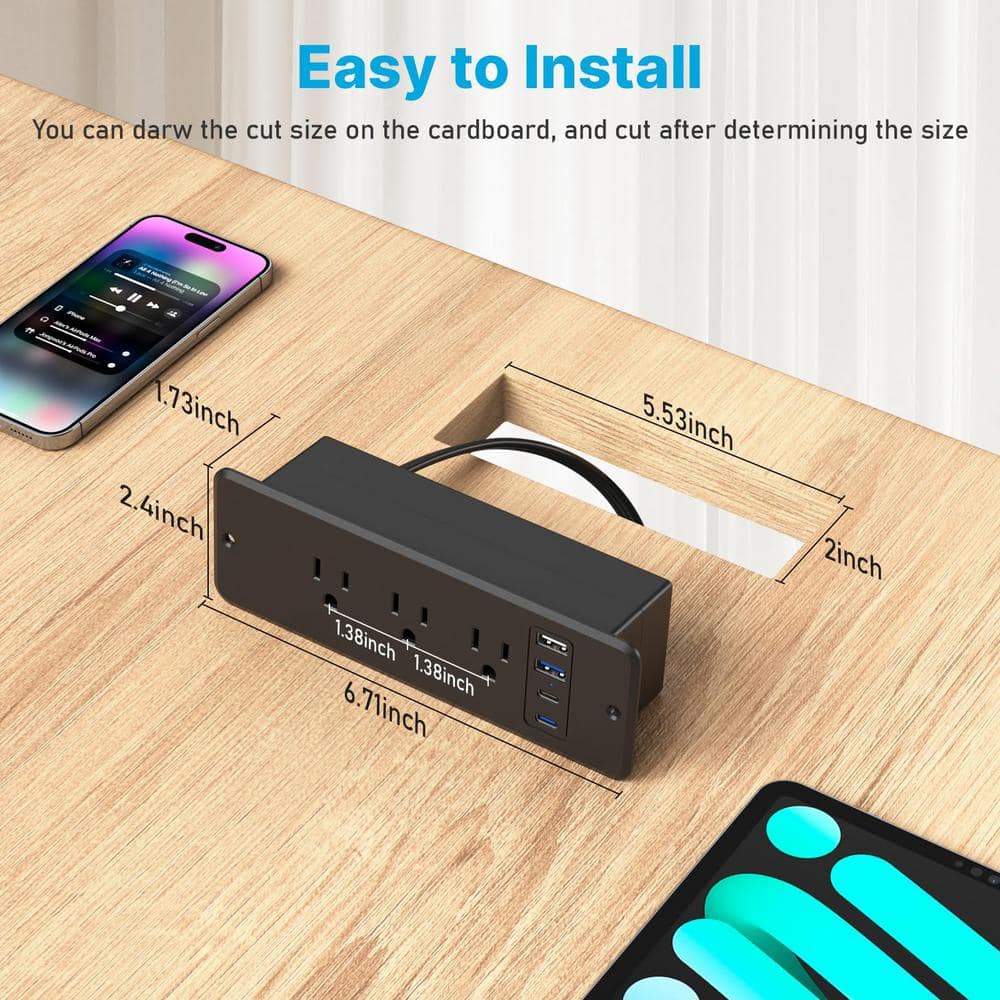 Black Recessed Power Strip with USB C Port for Desk or Table