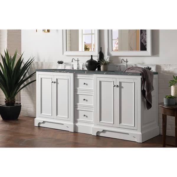 De Soto 73.3 in. W x 23.5 in. D x 36.3 in. H Double Bathroom Vanity in Bright White with Parisien Bleu Quartz Top