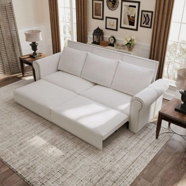 Modern 93.7 in. Beige and White Velvet Upholstery King Size Pull Out Sofa Bed with Nailhead Trim