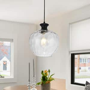 1-Light 9 in. W Matte Black Pendant Light with Hammered Glass Shade for Dining Room Bedroom, No Bulbs Included