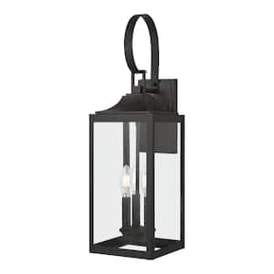 Havenridge 23.2 in. 3-Light Matte Black Hardwired Outdoor Wall Lantern Sconce with Clear Seeded Glass (1-Pack)