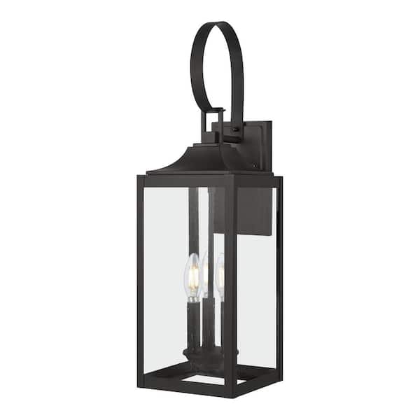 Home Decorators Collection Havenridge 23.2 in. 3-Light Matte Black Hardwired Outdoor Wall Light Lantern Sconce with Clear Seeded Glass (1-Pack)