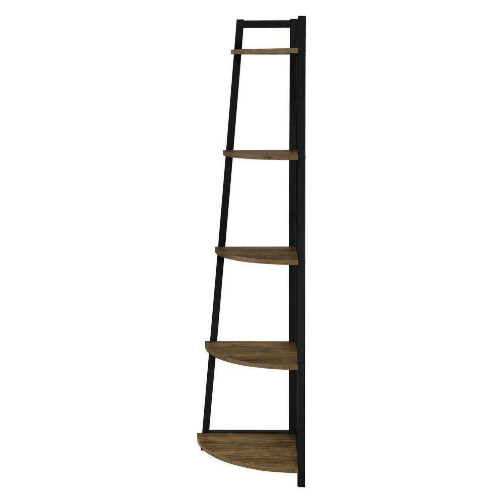Brown and Black 5-Tier Corner Wood and Metal Bookcase