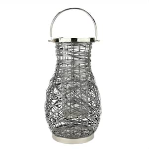 18.5 in. Modern Gray Decorative Woven Iron Pillar Candle Lantern with Glass Hurricane