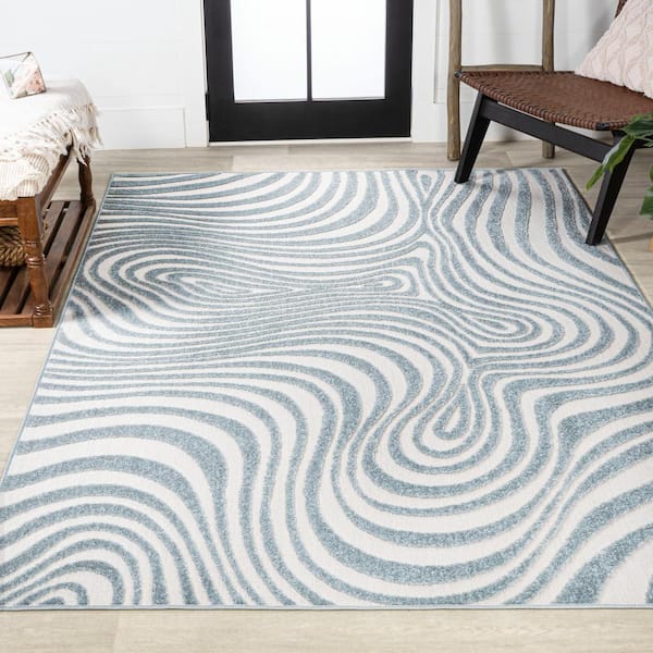 Maribo High-Low Abstract Groovy Striped Light Blue/Ivory 5 ft. x 8 ft. Indoor/Outdoor Area Rug