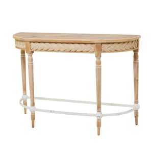 44 in. Brown Extra Large Half Moon Wood Intricately Carved Floral Console Table with Woven Detail