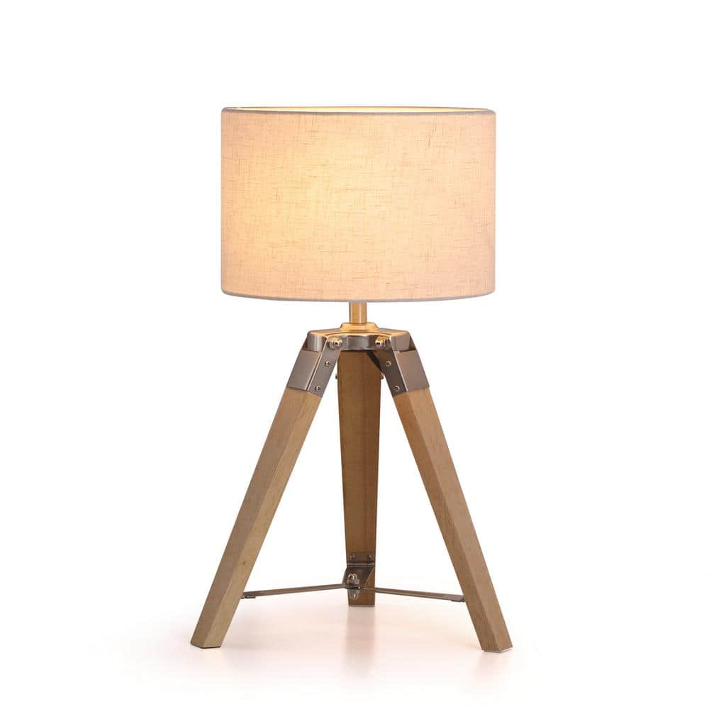 18 in. Natural Modern Tripod Small Table Lamp with Solid Wood Legs and White Linen Shade for Bedside Living Room