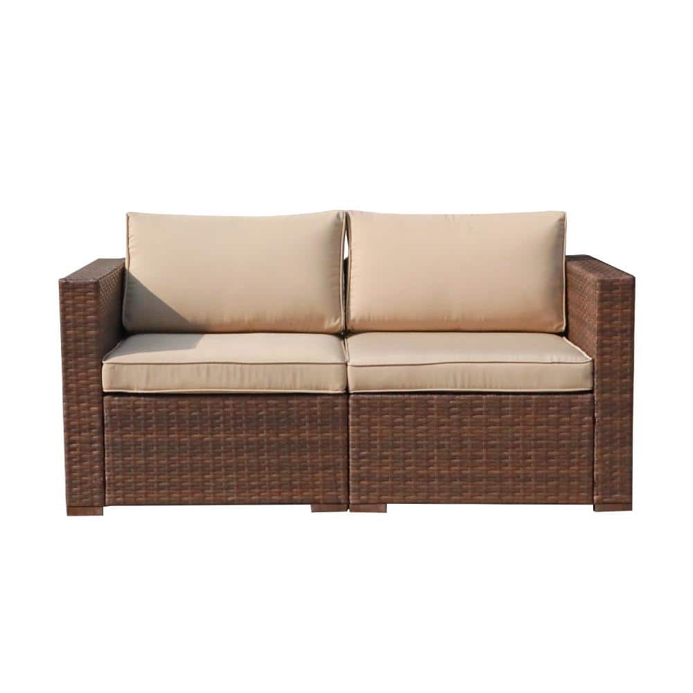 2-Piece Wicker Outdoor Sectional Set with Beige Cushions