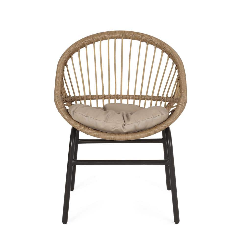 Light Brown and Beige Wicker Outdoor Dining Chairs with Cushions, Set of 2
