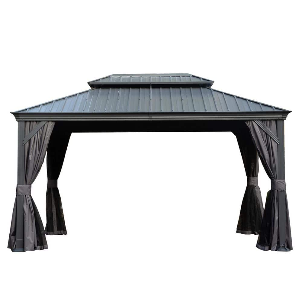 10 ft. x 14 ft. Gray Metal Galvanized Steel Roof Hardtop Gazebo with Curtains and Netting price history on PriceWatchPro