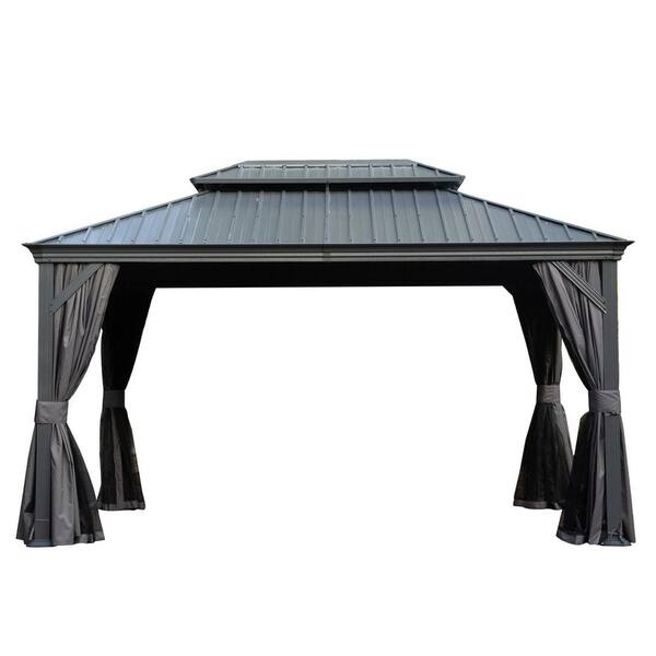 10 ft. x 14 ft. Gray Metal Galvanized Steel Roof Hardtop Gazebo with Curtains and Netting