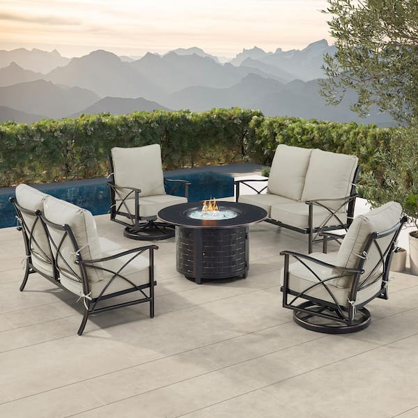 Oakland Living Black Aluminum Fire Table Set with 2-Loveseats and 2-Club Chairs