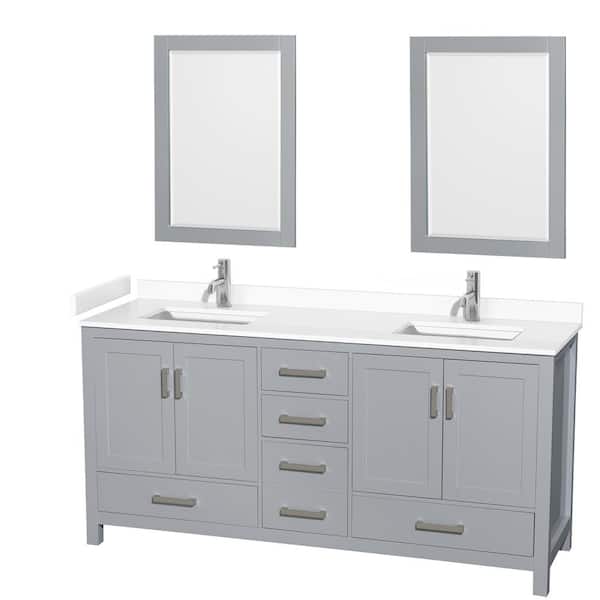 Wyndham Collection Sheffield 72 in. W x 22 in. D x 35 in. H Double Bath Vanity in Gray with White Cultured Marble Top and 24" Mirrors